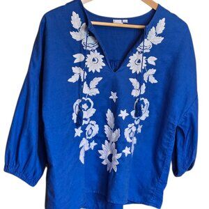 Women's GAP Blue Linen Embroidered Peasant Blouse sz S